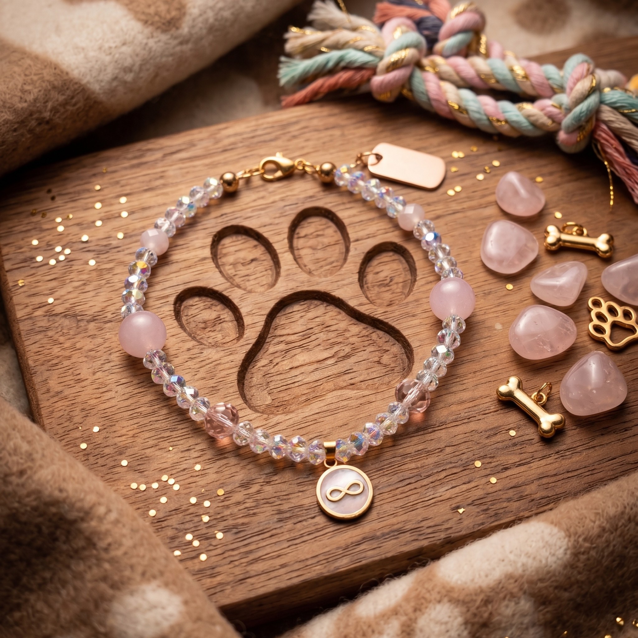 Collana per Cani "Tiffany Infinity" con Quarzo Rosa e Simbolo dell'Infinito